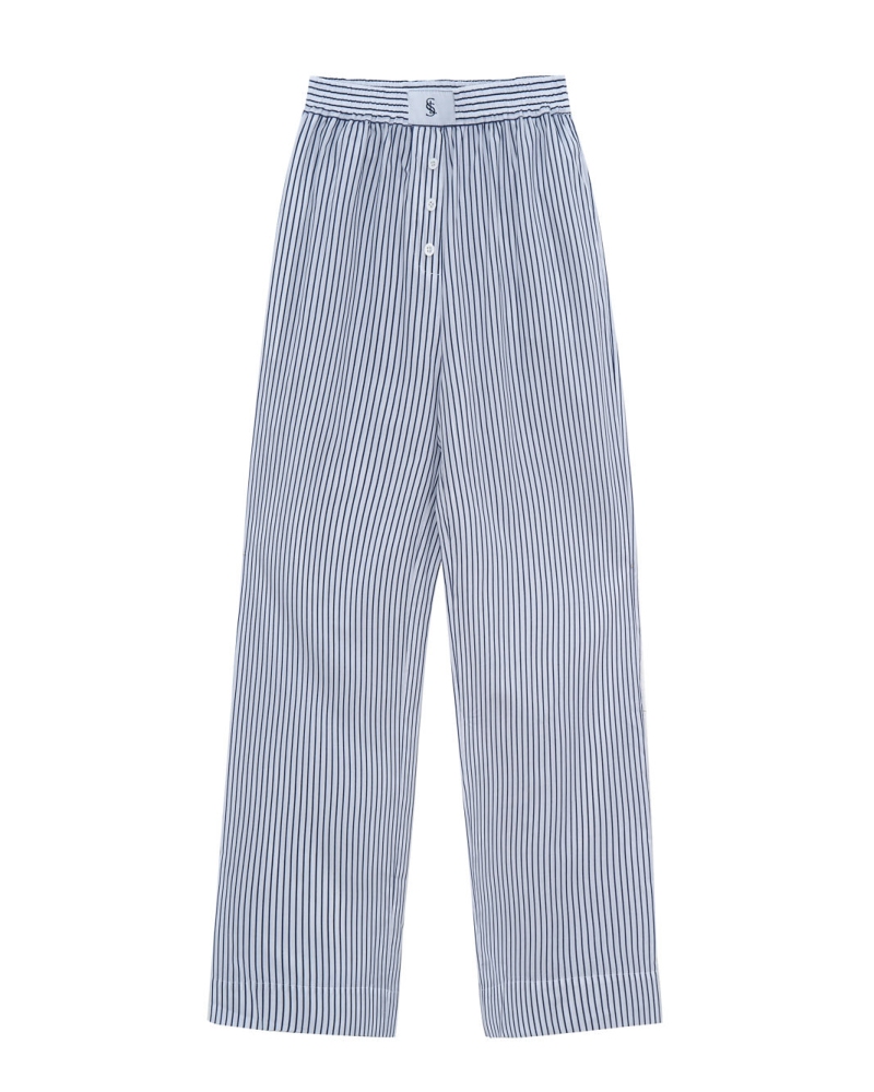 Cotton Pull On Pants -  White/Blue Stripe